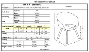 πολυθρόνα Steel OPTIM Φυσικό/ PP Άσπρο/Ύφασμα Μπλε 54x51x79cm (Σετ 4 ΤΕΜ)