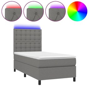 vidaXL Κρεβάτι Boxspring με Στρώμα &amp; LED Σκ.Γκρι 90x200 εκ. Υφασμάτινο