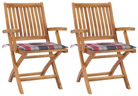 vidaXL Καρέκλες Κήπου 2 τεμ. Μασίφ Ξύλο Teak με Κόκκινα Καρό Μαξιλάρια