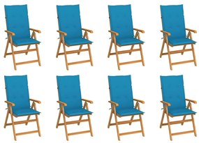 Καρέκλες Κήπου Ανακλινόμενες 8 τεμ. Μασίφ Ξύλο Teak &amp; Μαξιλάρια - Μπλε
