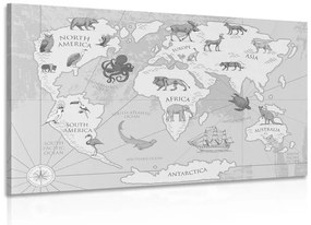 Εικόνα ασπρόμαυρο παγκόσμιο χάρτη με ζώα - 120x80