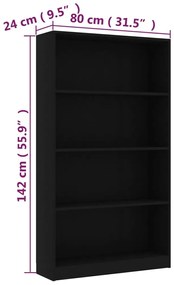 Βιβλιοθήκη με 4 Ράφια Μαύρη 80 x 24 x 142 εκ. από Μοριοσανίδα - Μαύρο