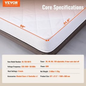 VEVOR Heated Mattress Pad 150 x 80 cm Electric Bed Warmer with Timer Auto Off