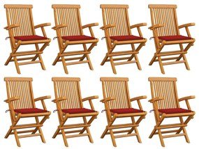 Καρέκλες Κήπου 8 τεμ. από Μασίφ Ξύλο Teak με Κόκκινα Μαξιλάρια - Κόκκινο