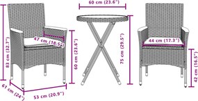 vidaXL Σετ Επίπλων Bistro 3 τεμ. Μαύρο Συνθ. Ρατάν/Γυαλί με Μαξιλάρια
