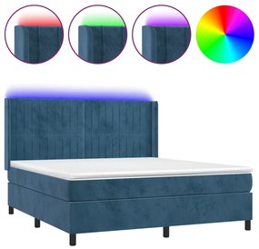 vidaXL Κρεβάτι Boxspring με Στρώμα &amp; LED Σκ. Μπλε 180x200εκ. Βελούδινο