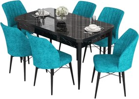 Extendable Dining Table &amp; Chairs Set (7 Pieces) Eva - Black Marble, Turquoise Black Marble
Turquoise
