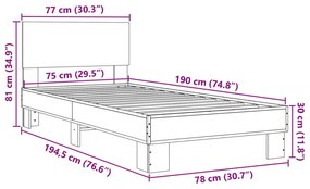 Πλαίσιο Κρεβατιού Γκρι Sonoma 75x190 εκ. Επεξ. Ξύλο &amp; Μέταλλο - Γκρι