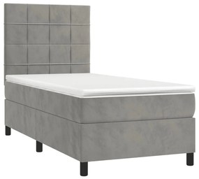 Κρεβάτι Boxspring με Στρώμα Ανοιχτό Γκρι 90x200 εκ. Βελούδινο - Γκρι