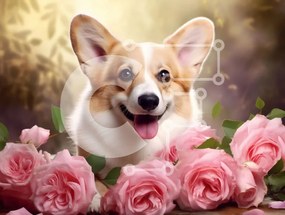 Intra Συλλεκτικό Ξύλινο Παζλ Plywood  4mm - Corgi που περιβάλλεται από ροζ τριαντάφυλλα Σε Ξύλινο Κουτί - Διαστάσεις: 10x10 cm – 25 κομμάτια