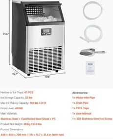 VEVOR Commercial Ice Maker Freestanding Cabinet Machine 130lbs/24H 45 Ice Cubes