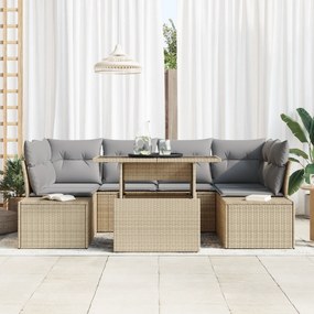 vidaXL Σετ Καναπέ Κήπου 7 Τεμαχίων με Μαξιλάρια Μπεζ Πολυ Ρατάν