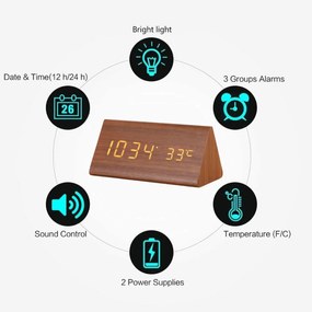 Ξύλινο Τριγωνικό Ψηφιακό Ρολόι με οθόνη LED, Ξυπνητήρι, Θερμόμετρο - Καφέ