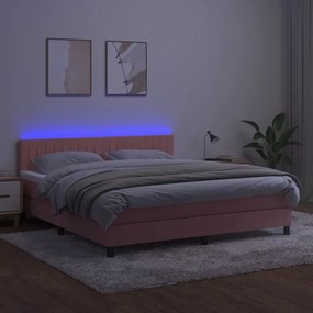 vidaXL Κρεβάτι Boxspring με Στρώμα &amp; LED Ροζ 180x200 εκ. Βελούδινο