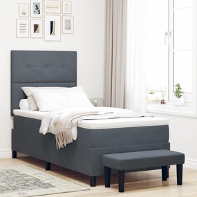 vidaXL Κρεβάτι Box Spring με Στρώμα & Παγκάκι Σκοτεινό Γκρι 90x200 εκ Βελούδο