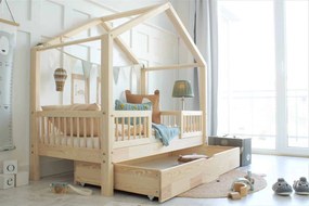 Κρεβάτι Παιδικό Montessori  House Bed Duo Plus με κάγκελα 23cm  + Συρτάρι  σε Φυσικό  Ξύλο  90×200cm  Luletto (Δώρο 10% έκπτωση στο Στρώμα)