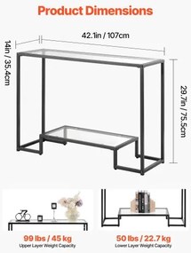 VEVOR 2-Tier Glass Console Table Rectangle Sofa Side Table with Anti-Tip Black