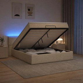 vidaXL Κρεβάτι Ottoman με Στρώμα και LED Κρεμ 160 x 200 cm Ύφασμα