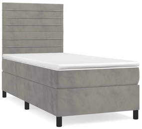 Κρεβάτι Boxspring με Στρώμα Ανοιχτό Γκρι 90x190 εκ. Βελούδινο - Γκρι