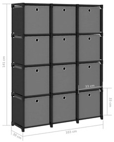Ραφιέρα με 12 Κύβους &amp; Κουτιά Μαύρη 103x30x141 εκ. Υφασμάτινη - Μαύρο