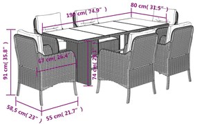 Σετ Τραπεζαρίας Κήπου 7 τεμ. Αν. Γκρι Συνθ. Ρατάν με Μαξιλάρια - Γκρι