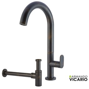 Armando Vicario SLIM Μπαταρία Νιπτήρος υψηλή με βαλβίδα clic-clac & Σιφών νιπτήρος Rusty Black