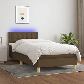 vidaXL Κρεβάτι Boxspring με Στρώμα & LED Σκ.Καφέ 90x200 εκ. Υφασμάτινο