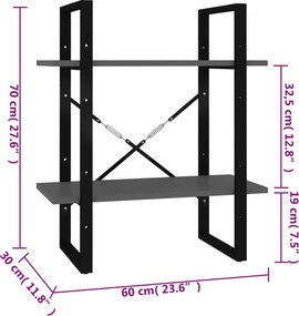 vidaXL Βιβλιοθήκη με 2 Ράφια Γκρι 60 x 30 x 70 εκ. από Επεξ. Ξύλο