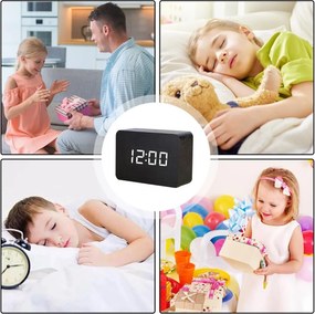 Επιτραπέζιο Ψηφιακό Ξύλινο Ρολόι με οθόνη LED, Ξυπνητήρι, Θερμόμετρο - Μαύρο