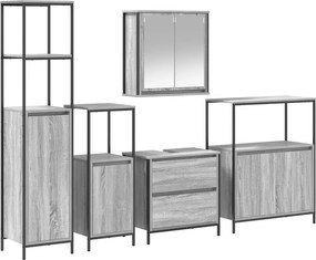 vidaXL Σετ Επίπλων Μπάνιου με ράφι 5 pcs Γκρι Επεξεργασμένο ξύλο