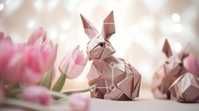 Intra Συλλεκτικό Ξύλινο Παζλ Plywood 4mm - Κουνέλια Origami και Ροζ Τουλίπες Σε Ξύλινο Κουτί - Διαστάσεις Puzzle: 10x10 cm – 25 κομμάτια