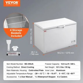 VEVOR Chest Freezer 12.8 cu.ft / 345 L Large Deep Freezer &amp; 4 Removable Baskets