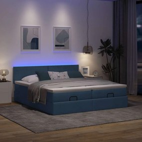 vidaXL Οθωμανικό κρεβάτι με στρώματα &amp; LEDs Μπλε 200x200cm ύφασμα