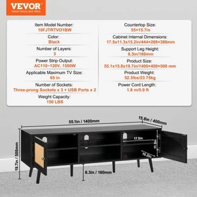 VEVOR Rattan TV Stand for 65&quot; TV Boho TV Stand with Build-in Socket Black