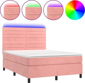 vidaXL Κρεβάτι Boxspring με Στρώμα &amp; LED Ροζ 140x200 εκ. Βελούδινο