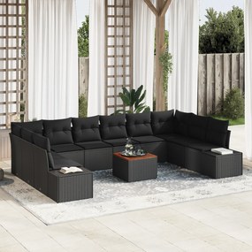 vidaXL 11 Τεμαχίων Σετ Καναπέ Κήπου Με Μαξιλάρια Μαύρο Πολυ Ρατάν Ακακία