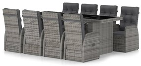 vidaXL Σετ Τραπεζαρίας Εξ. Χώρου 9 τεμ. Γκρι Συνθ. Ρατάν με Μαξιλάρια