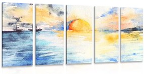 Εικόνα 5 μερών λαμπερό ηλιοβασίλεμα δίπλα στη θάλασσα