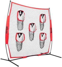VEVOR 6 x 6 ft Football Trainer Throwing Net, Training Throwing Target Practice Net with 5 Target Pockets, Knotless Net Includes Bow Frame and Portable Carry Case, Improve QB Throwing Accuracy, Red