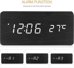 Επιτραπέζιο Ξύλινο Ψηφιακό Ρολόι με οθόνη LED, Ξυπνητήρι, Θερμόμετρο - Μαύρο