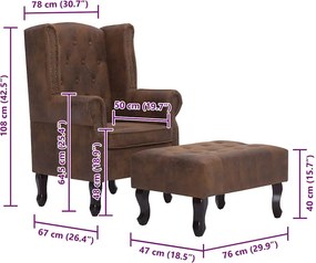 vidaXL Πολυθρόνα Chesterfield με Υποπόδιο Καφέ από Συνθετικό Καστόρι