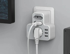Επιτοίχιο Πολύπριζο Ασφαλείας Tessan TS-327 - 1x Schuko, 3x USB-A, 2x C - Λευκό