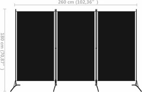vidaXL Διαχωριστικό Δωματίου με 3 Πάνελ Μαύρο 260 x 180 εκ.