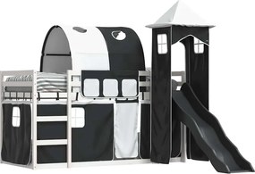 vidaXL Κουκέτα με Τσουλήθρα και Κουρτίνες Λευκή και Μαύρη 90x200 εκ.