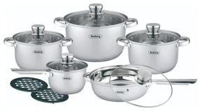 Σετ κατσαρόλες και τηγάνια Rosberg R51210L12BM, 12 τεμάχια, Πολυστρωματικός πυθμένας, Ανοξείδωτο, Ασημί