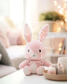 Intra Συλλεκτικό Ξύλινο Παζλ Plywood 4mm - Ροζ λαγουδάκι γεμιστό ζώο σε λευκό τραπέζι στο σαλόνι Σε Ξύλινο Κουτί - Διαστάσεις Puzzle: 10x10 cm – 25 κομμάτια