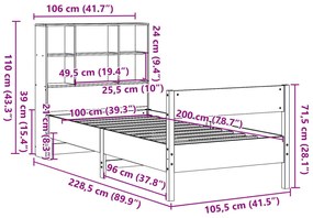 Κρεβάτι Βιβλιοθήκη Χωρίς Στρώμα 100x200 εκ. Μασίφ Ξύλο Πεύκο - Καφέ