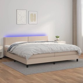 Κρεβάτι Boxspring Στρώμα&amp;LED Καπουτσίνο 200x200 εκ. Συνθ. Δέρμα