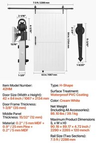 VEVOR Sliding Barn Door with Hardware Kit 1067 x 2134mm MDF Panel PVC Surface