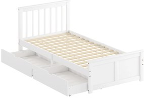 Μονό κρεβάτι, ξύλινο πλαίσιο κρεβατιού, συρτάρια με ροδάκια, δεν απαιτείται σανίδα κρεβατιού, 90 x 200 cm, λευκό